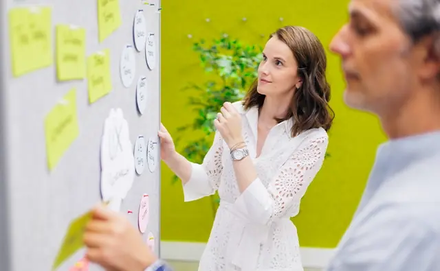 Birgit Schrenk und Erik Stadler arbeiten am Flipchart mit einer Kreativmethode.