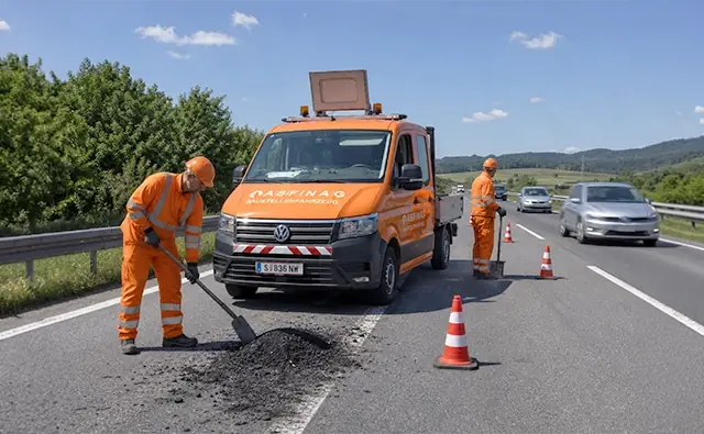 ASFINAG-Baustellenfahrzeug und Mitarbeiter in Warnkleidung sichern mit Verkehrskegeln eine Arbeitsstelle auf der Autobahn. Bild steht für Verkehrssicherheit, Straßenerhaltung und zuverlässige Infrastrukturbetreuung.